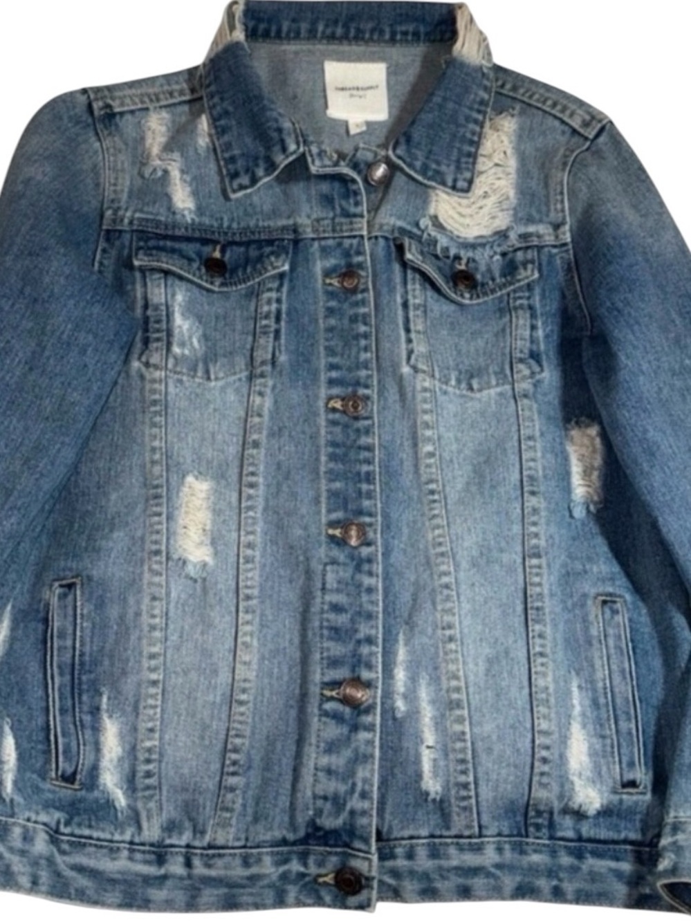 Thread & Supply Denim Jacket Large Distressed Trucker Jean Jacket Blue Wash